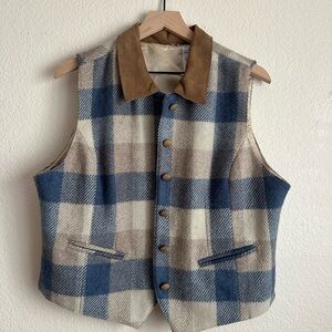 Vintage Plaid Wool Vest with Suede Collar
